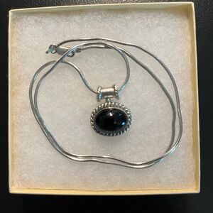 925 Sterling Silver Cabochon Oval Black Onyx Pendant Necklace